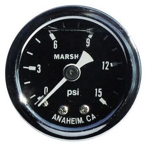 52000 Fuel pressure Gauge, 0-15 psi, liquid filled, chrome bezel with black face, 1/8 NPT