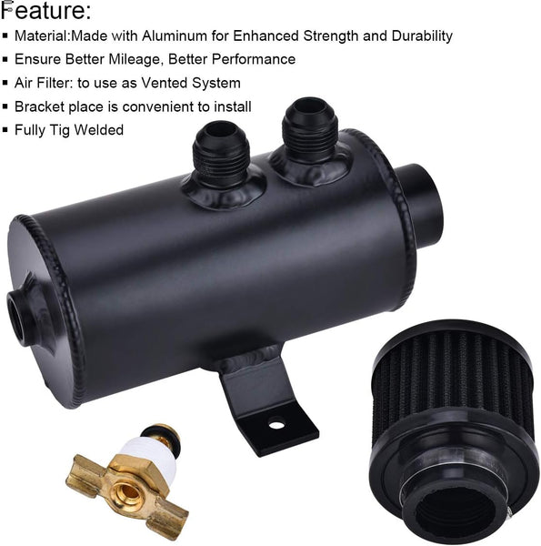 10AN Baffled Oil Catch Can, Oil Breather Tank with Valve, Universal Aluminum Black