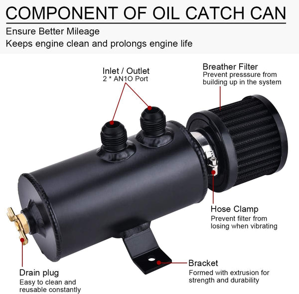 10AN Baffled Oil Catch Can, Oil Breather Tank with Valve, Universal Aluminum Black