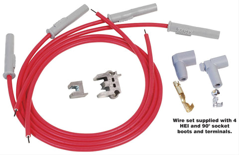 MSD 31159 Super Conductor Spark Plug wire set. (Red) Universal 4 Cylinder with Multi Angle boots.