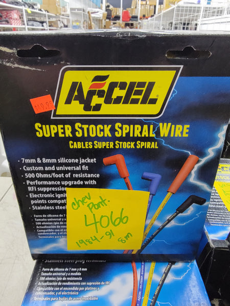 4066 Accel Spark Plug Wires, SuperStock, RFI Suppression, Spiral Core, 8mm, Yellow, Stock Boots (Orange/Black), Chevy, Pontiac, 5.7L, V8, Set