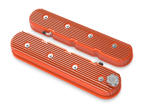 Holley 241-141 VINTAGE SERIES FINNED TALL LS VALVE COVERS - FACTORY ORANGE MACHINED FINISH