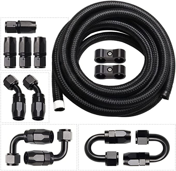 Top10 Racing 20Ft 8AN 1/2" Fuel Line Swivel Fitting Kit 10PC and Nylon Braided CPE Oil Hose Universal Black