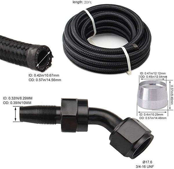 Top10 Racing 20Ft 8AN 1/2" Fuel Line Swivel Fitting Kit 10PC and Nylon Braided CPE Oil Hose Universal Black