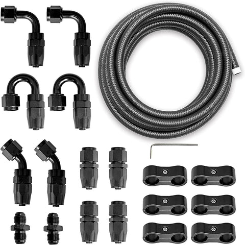 20ft 6AN Black Nylon And Stainless Steel Braided Fuel Oil Hose Fuel Line 10pcs 6AN Hose Fitting Kit 6pcs 6AN Hose Separator Clamp 2pcs 6AN to 6AN Male Coupler Adapter Straight Fitting
