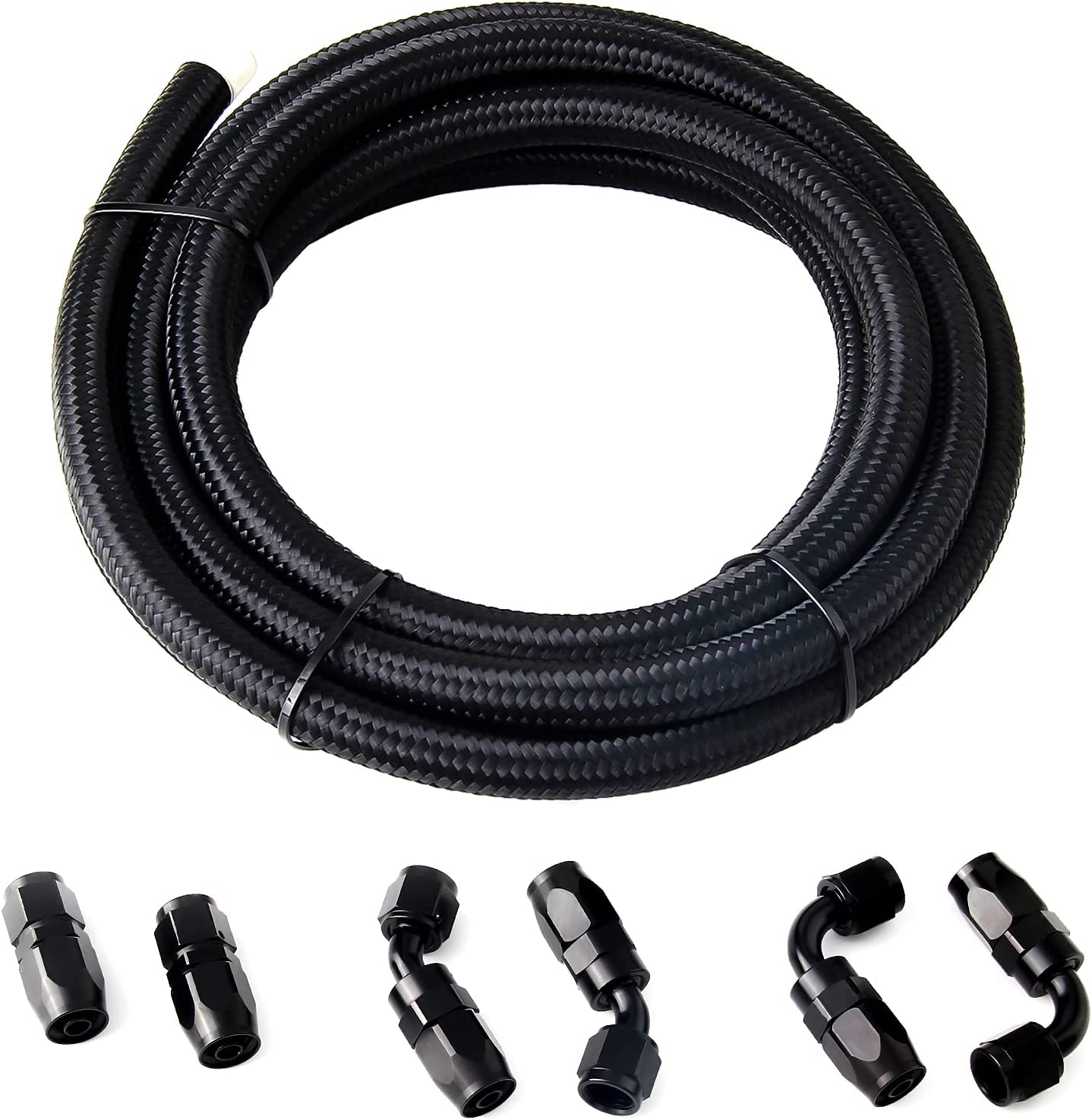 EONLION 6AN 12 FT Fuel Line Hose Kit Nylon Stainless Steel Braided Fuel Line Oil Gas CPE With 6PCS Swivel Fuel Hose Fitting Adapter Kit