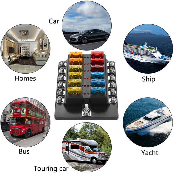 Blade Fuse Block Box Holder 12 Way With LED Indicator