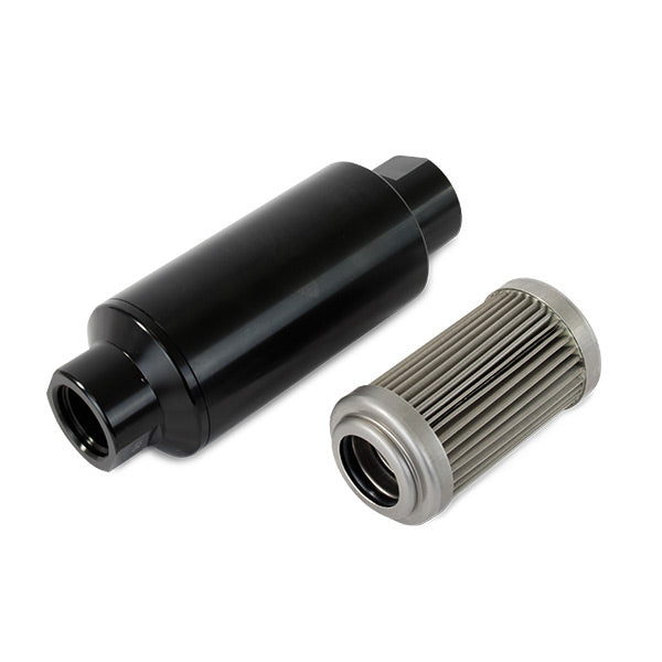 TSP JM1023BK ALUMINUM INLINE FUEL FILTER WITH 100 MICRON ELEMENT, ORB-10, BLACK.