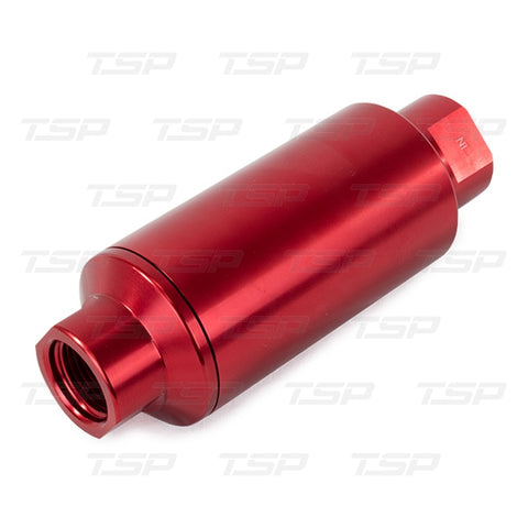 TSP JM1023R ALUMINUM INLINE FUEL FILTER WITH 100 MICRON ELEMENT, ORB-10, RED.