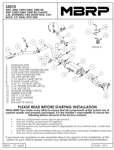 MBRP S5010 XP Series 01-06 Chrevrolet/GMC 2.5" Cat Back Dual Performance Gas