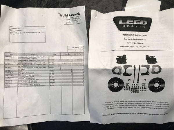 Leed Brakes RC4001 Rear Disc Brake Kit Mopar 8 1/4 & 9 1/4 11 in. Plain Rotors Z
