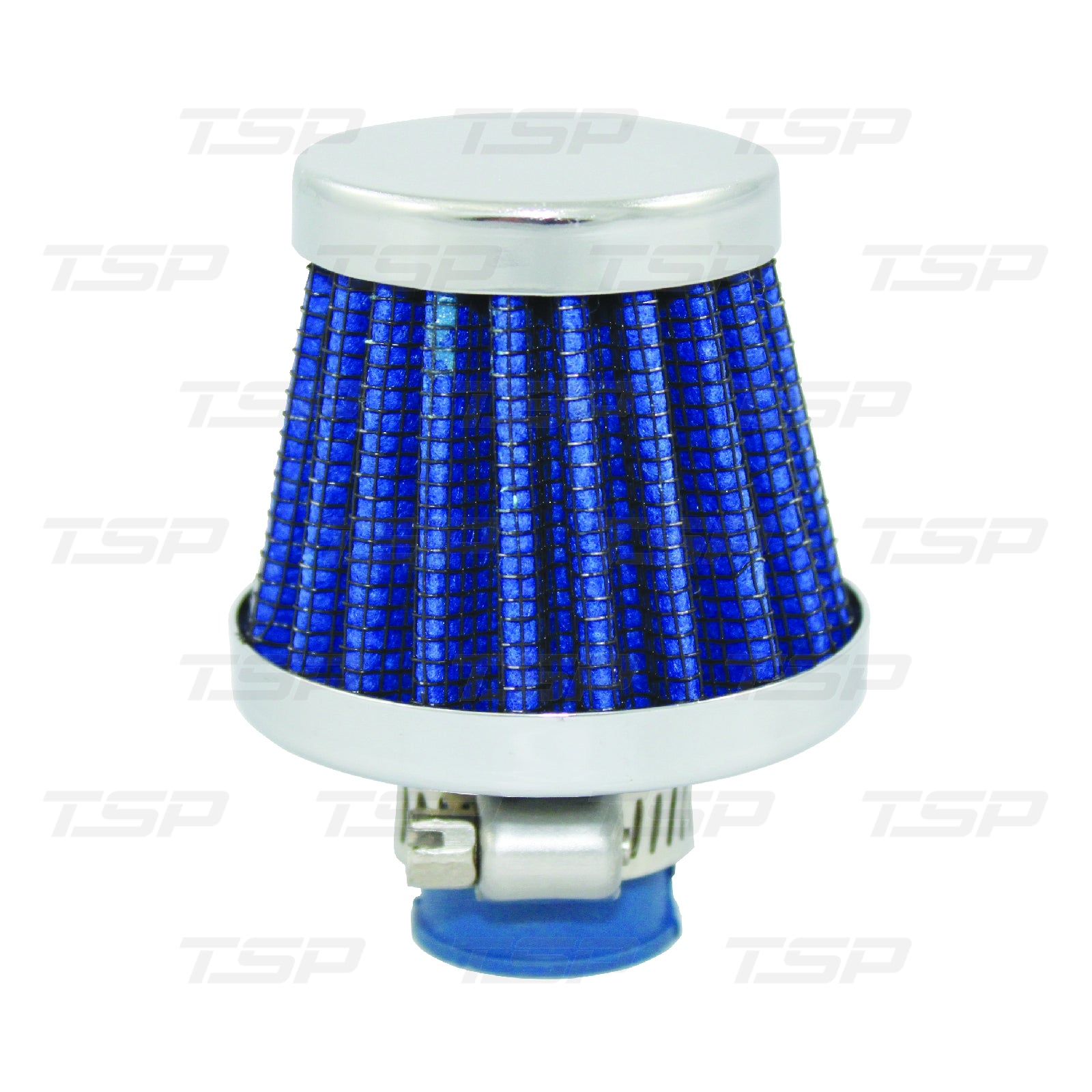SP7313 CHROME STEEL ROUND CLAMP-ON MINI BREATHER WITH WASHABLE BLUE FILTER