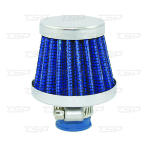 SP7313 CHROME STEEL ROUND CLAMP-ON MINI BREATHER WITH WASHABLE BLUE FILTER