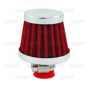 SP7314 CHROME STEEL ROUND CLAMP-ON MINI BREATHER WITH WASHABLE RED FILTER