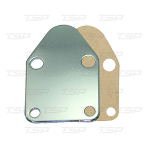 SP7605 SBC CHROME STEEL FUEL PUMP BLOCK-OFF PLATE