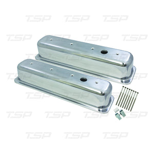 TSP SP8477 CHEVY SMALL BLOCK CENTER-BOLT TALL SMOOTH POLISHED ALUMINUM VALVE COVERS