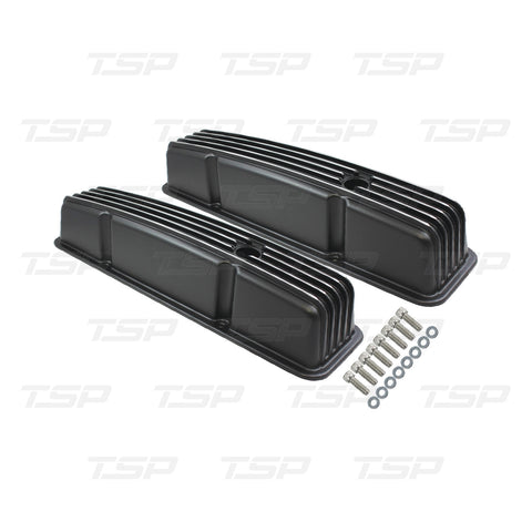 SP8528 CHEVY SMALL BLOCK PERIMETER-BOLT TALL FINNED BLACK ALUMINUM VALVE COVERS