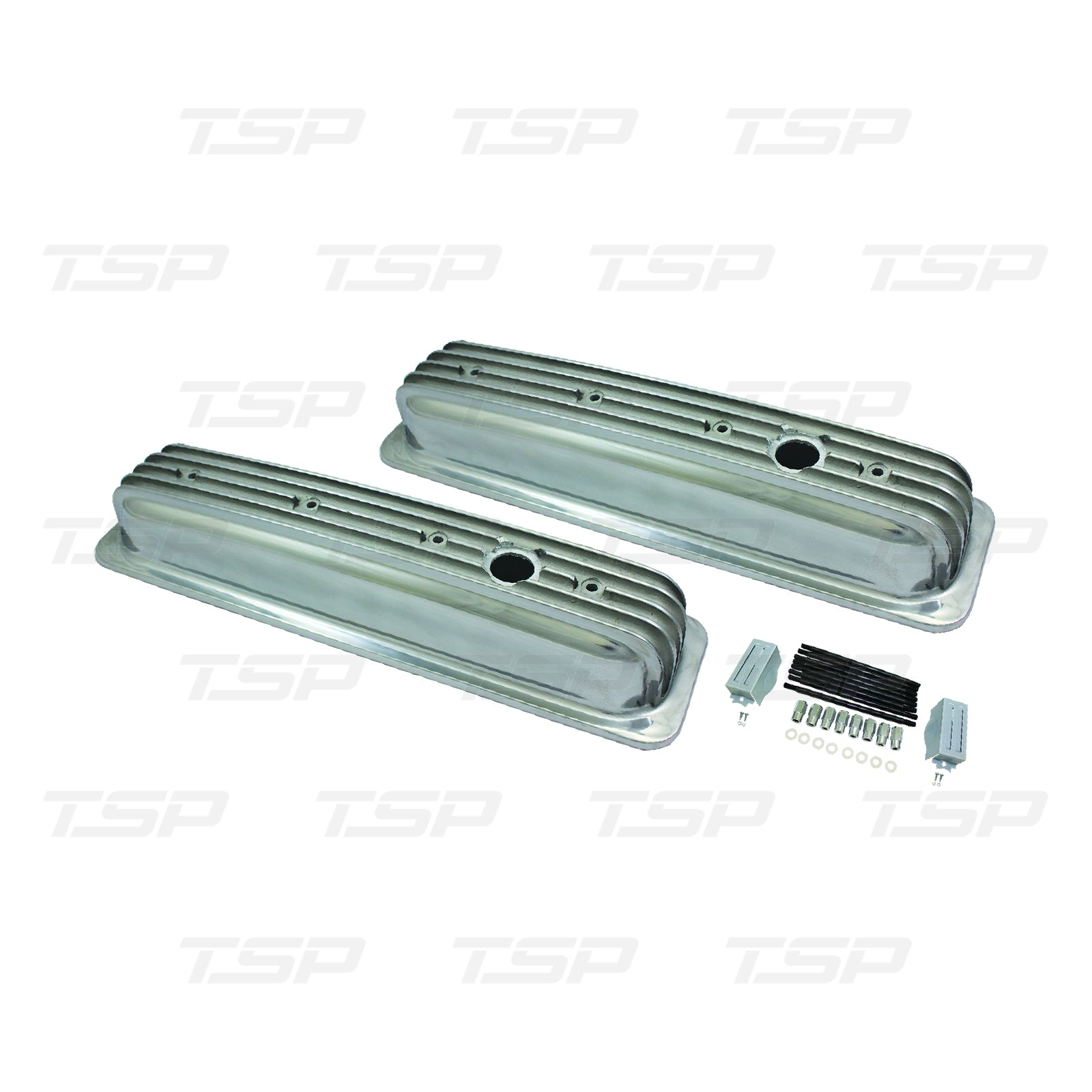 TSP SP8527 CHEVY SMALL BLOCK CENTER-BOLT SHORT FINNED POLISHED ALUMINUM VALVE COVERS