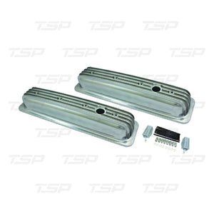 TSP SP8527 CHEVY SMALL BLOCK CENTER-BOLT SHORT FINNED POLISHED ALUMINUM VALVE COVERS