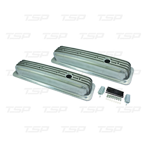 TSP SP8527 CHEVY SMALL BLOCK CENTER-BOLT SHORT FINNED POLISHED ALUMINUM VALVE COVERS
