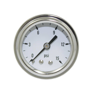 Fuel Pressure gauge, 0-15 PSI, 1.5" diameter, white face, chrome bezel